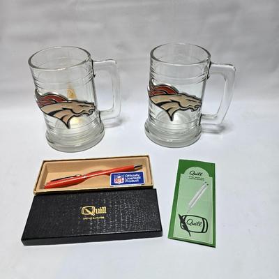 Two Denver Broncos Macho mugs with a collectible Officially Licensed NFL Denver Product in a quill pen box