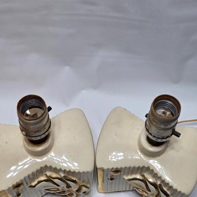 Vintage MCM Leaf motif lamps with gold trimmings - Ceramic glazed lamp duo