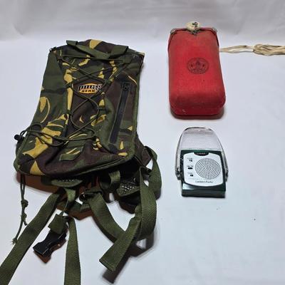 Hiking Starter kit - Pugs gear Camo Backpack - Vintage Boy scout BSA canteen - and an emergency radio