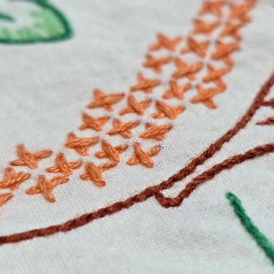 Beautiful round vintage Embroidered tablecloth - and dishtowels