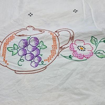 Beautiful round vintage Embroidered tablecloth - and dishtowels