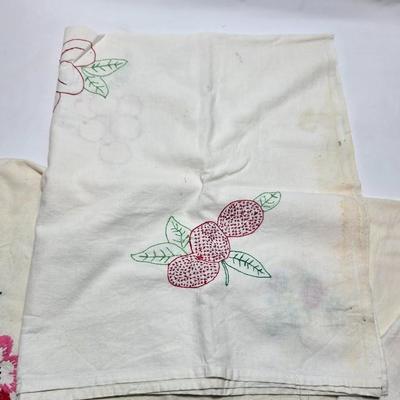 Beautiful round vintage Embroidered tablecloth - and dishtowels