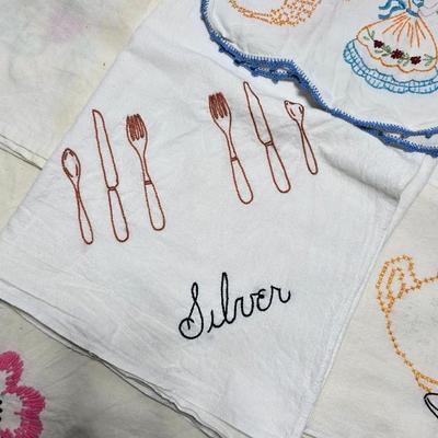 Beautiful round vintage Embroidered tablecloth - and dishtowels