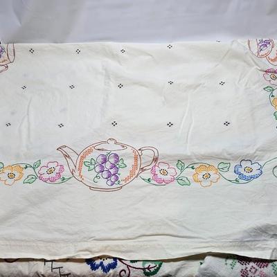 Beautiful round vintage Embroidered tablecloth - and dishtowels