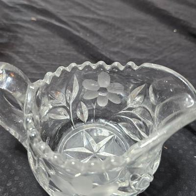 Vintage American Brilliant cut crystal leaf and frosted flower bowl with matching sugar & creamer - saw tooth daisy