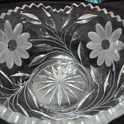 Vintage American Brilliant cut crystal leaf and frosted flower bowl with matching sugar & creamer - saw tooth daisy