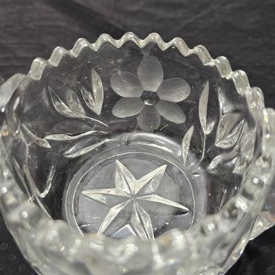Vintage American Brilliant cut crystal leaf and frosted flower bowl with matching sugar & creamer - saw tooth daisy
