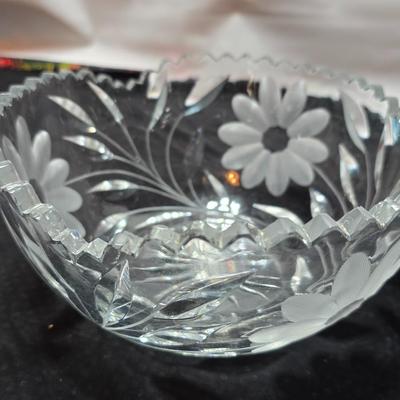 Vintage American Brilliant cut crystal leaf and frosted flower bowl with matching sugar & creamer - saw tooth daisy