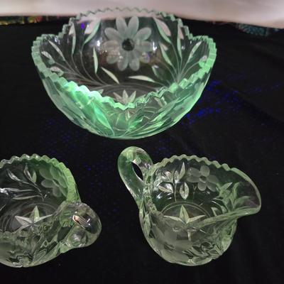 Vintage American Brilliant cut crystal leaf and frosted flower bowl with matching sugar & creamer - saw tooth daisy