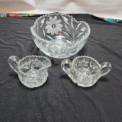 Vintage American Brilliant cut crystal leaf and frosted flower bowl with matching sugar & creamer - saw tooth daisy