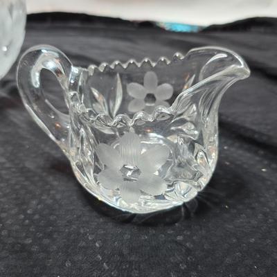 Vintage American Brilliant cut crystal leaf and frosted flower bowl with matching sugar & creamer - saw tooth daisy