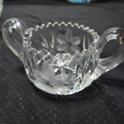 Vintage American Brilliant cut crystal leaf and frosted flower bowl with matching sugar & creamer - saw tooth daisy