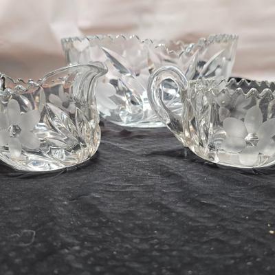 Vintage American Brilliant cut crystal leaf and frosted flower bowl with matching sugar & creamer - saw tooth daisy