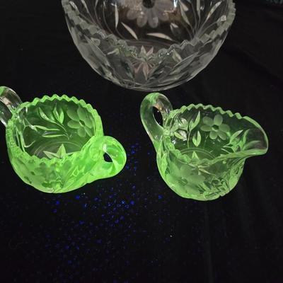 Vintage American Brilliant cut crystal leaf and frosted flower bowl with matching sugar & creamer - saw tooth daisy