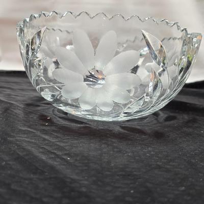 Vintage American Brilliant cut crystal leaf and frosted flower bowl with matching sugar & creamer - saw tooth daisy