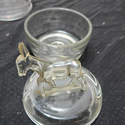 Fun glassware Vintage Jeanette Donkey Powder Jar - Victoria ceramics cats in a basket planter - glass Apothecary jar