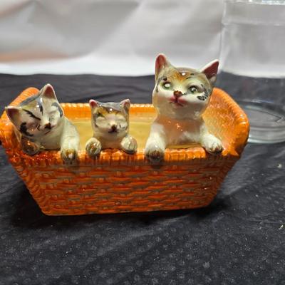Fun glassware Vintage Jeanette Donkey Powder Jar - Victoria ceramics cats in a basket planter - glass Apothecary jar