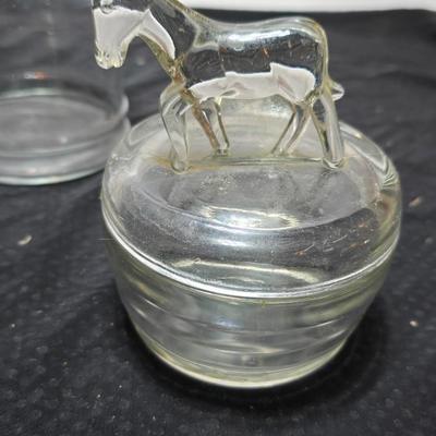 Fun glassware Vintage Jeanette Donkey Powder Jar - Victoria ceramics cats in a basket planter - glass Apothecary jar