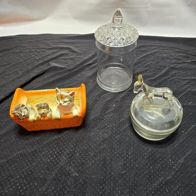Fun glassware Vintage Jeanette Donkey Powder Jar - Victoria ceramics cats in a basket planter - glass Apothecary jar