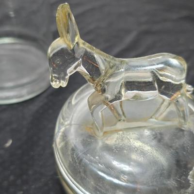 Fun glassware Vintage Jeanette Donkey Powder Jar - Victoria ceramics cats in a basket planter - glass Apothecary jar
