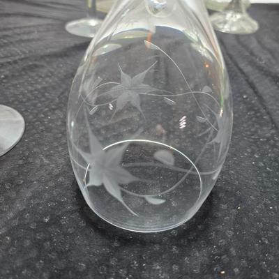 Vintage etched glassware - blown glass water pitcher with glasses and more