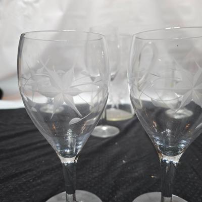 Vintage etched glassware - blown glass water pitcher with glasses and more