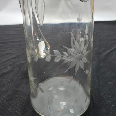 Vintage etched glassware - blown glass water pitcher with glasses and more