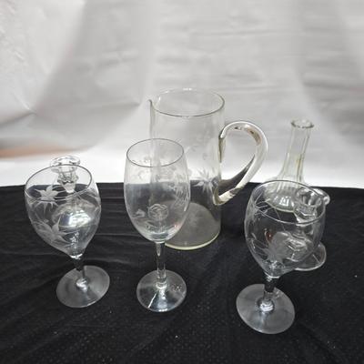 Vintage etched glassware - blown glass water pitcher with glasses and more
