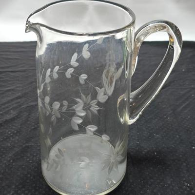 Vintage etched glassware - blown glass water pitcher with glasses and more