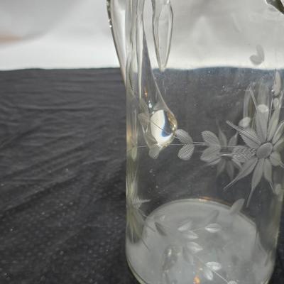 Vintage etched glassware - blown glass water pitcher with glasses and more