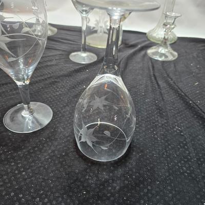 Vintage etched glassware - blown glass water pitcher with glasses and more
