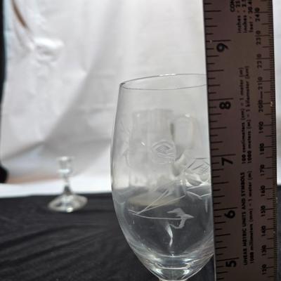 Vintage etched glassware - blown glass water pitcher with glasses and more