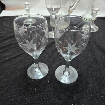 Vintage etched glassware - blown glass water pitcher with glasses and more