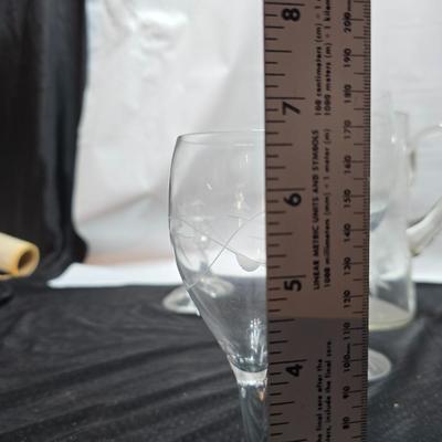 Vintage etched glassware - blown glass water pitcher with glasses and more