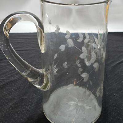 Vintage etched glassware - blown glass water pitcher with glasses and more