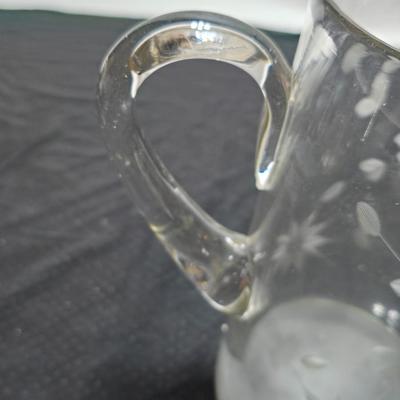 Vintage etched glassware - blown glass water pitcher with glasses and more