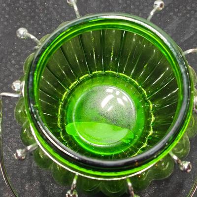 Emerald, green Musical Biscuit jar w/ metal lid - silver plate candlestick holders - Ver Silbert - Anlaufgeschützt silverplate German bowl
