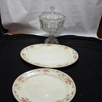 Glass Column Pedestal Candy Dish/Footed Compote with two Vintage Steubenville platters