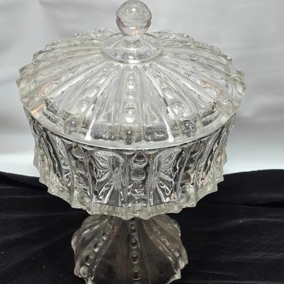 Glass Column Pedestal Candy Dish/Footed Compote with two Vintage Steubenville platters
