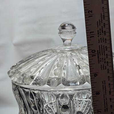 Glass Column Pedestal Candy Dish/Footed Compote with two Vintage Steubenville platters