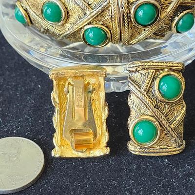 Sale Photo Thumbnail #216: Gold tone settings with green chrysoprase stone cabochons.  
All pieces are stamped HOBE.  
Retails at over $500