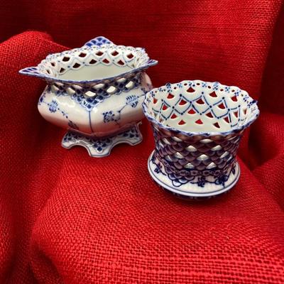 Sale Photo Thumbnail #252: What a find!   Beautiful hand painted pieces in excellent condition.
The blue fluted full lace sugar bowl is porcelain with floral pattern, 3.5 x 5 inches  retail $360.00
The blue fluted cigarette holder is numbered, 3 x 3 inches.  Retail $204.00
  creati