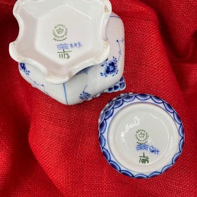 Sale Photo Thumbnail #251: What a find!   Beautiful hand painted pieces in excellent condition.
The blue fluted full lace sugar bowl is porcelain with floral pattern, 3.5 x 5 inches  retail $360.00
The blue fluted cigarette holder is numbered, 3 x 3 inches.  Retail $204.00
  creati