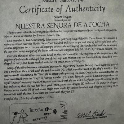 MEL FISHER ATOCHA 925 STERLING SILVER SHIPWRECK COIN WITH DOLPHINS & RAW EMERALD & COA