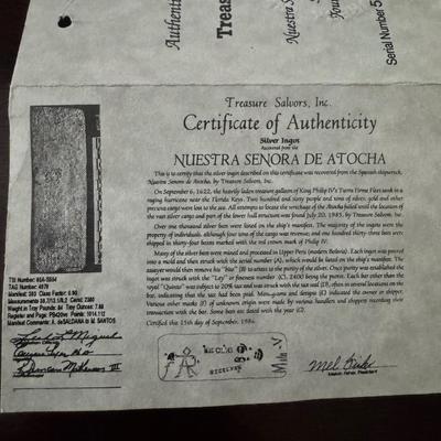 MEL FISHER ATOCHA 925 STERLING SILVER SHIPWRECK COIN WITH DOLPHINS & RAW EMERALD & COA