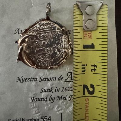 MEL FISHER ATOCHA 925 STERLING SILVER SHIPWRECK COIN WITH DOLPHINS & RAW EMERALD & COA