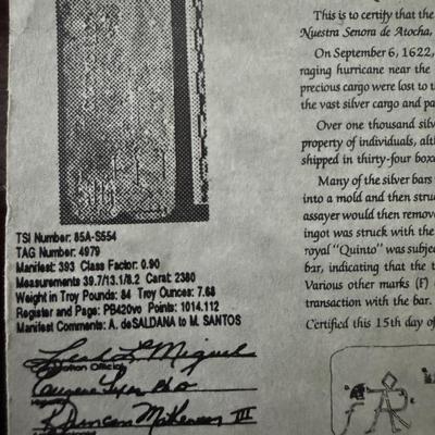 MEL FISHER ATOCHA 925 STERLING SILVER SHIPWRECK COIN WITH DOLPHINS & RAW EMERALD & COA