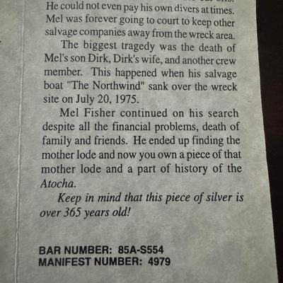 MEL FISHER ATOCHA 925 STERLING SILVER SHIPWRECK COIN WITH DOLPHINS & RAW EMERALD & COA