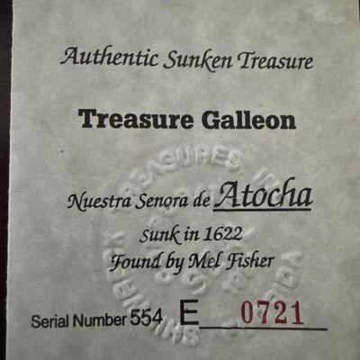 MEL FISHER ATOCHA 925 STERLING SILVER SHIPWRECK COIN WITH DOLPHINS & RAW EMERALD & COA