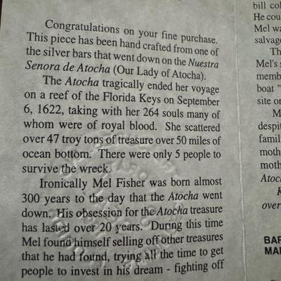 MEL FISHER ATOCHA 925 STERLING SILVER SHIPWRECK COIN WITH DOLPHINS & RAW EMERALD & COA